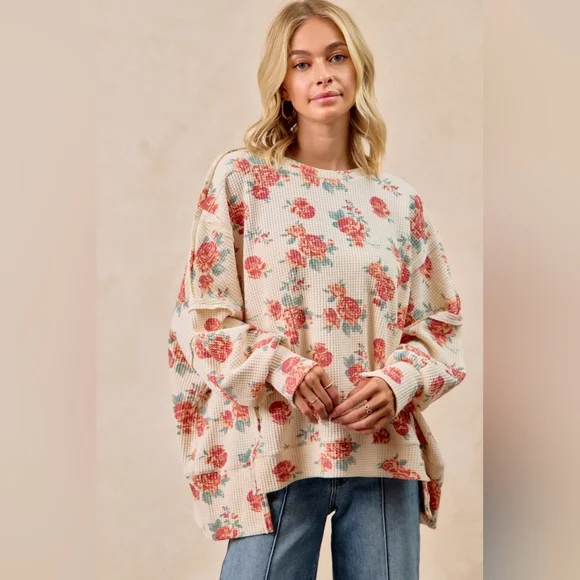 BiBi Floral Print Oversized Waffle Thermal Sweatshirt - Picture 4 of 10